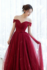 Burgundy Tulle Long Prom Dress, A-Line Off the Shoulder Evening Dress