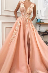 A-Line Tulle Applique Long Prom Dresses, Evening Formal Dresses with Slit
