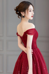 Burgundy Tulle Long Prom Dress, A-Line Off the Shoulder Evening Dress