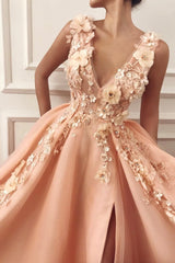 A-Line Tulle Applique Long Prom Dresses, Evening Formal Dresses with Slit