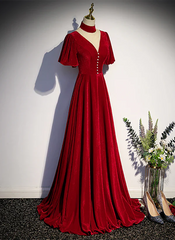A-Line Red High Neckline Velvet Long Party Dress Short Sleeves Velvet Prom Dress