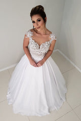 Princess A-line Cap Sleeves White Wedding Dress with Lace