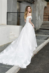 Princess Off Shoulder White Wedding Dress with Pearls