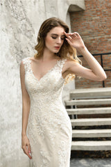Princess V Neck Mermaid Ivory Lace Wedding Dress