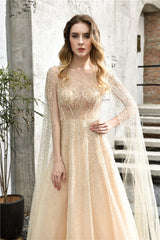 Princess Long Sleeves Beaded Champagne Wedding Dress
