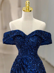 Robe de bal trapèze à paillettes bleues, épaules dénudées, robe de soirée à paillettes bleues