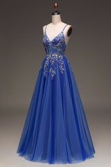 A Line Royal Blue Long Prom Dress With Appliques Sexy