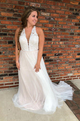Long A-line Halter Ivory Bridal Dress with Lace