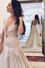 Illusion Neck A-line Sheer Back Ivory Wedding Dress with Lace