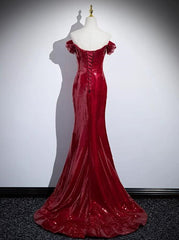Robe de soirée sirène longue épaule à paillettes rouges, robe de bal à paillettes rouges