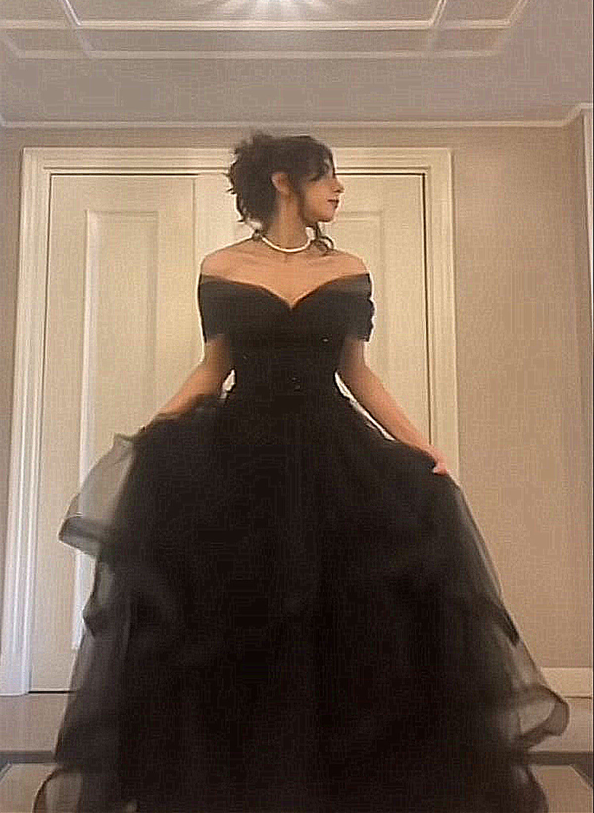 Black Tulle Sweetheart Off Shoulder Long Party Dress, A-line Black Prom Dress