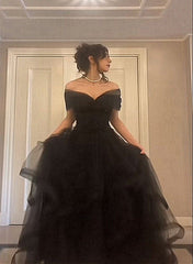 Black Tulle Sweetheart Off Shoulder Long Party Dress, A-line Black Prom Dress