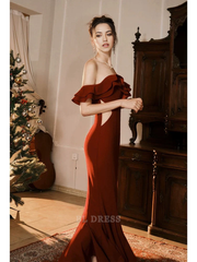 Mermaid Off The Shoulder Burgundy Satin Long formal dresses Bridesmaid Dresses evening gown Prom Dress