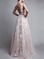 A-Line/Princess Tulle V-Neck Sweep/Brush Train Long Prom Dresses With Beading Open Back
