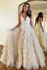 Pink A-Line Deep V Neck Tiered Long Prom Dress With Slit Sexy