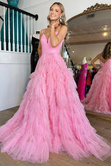 Pink A-Line Deep V Neck Tiered Long Prom Dress With Slit Sexy