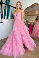 Pink A-Line Deep V Neck Tiered Long Prom Dress With Slit Sexy