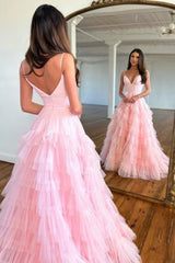 Pink A-Line Deep V Neck Tiered Long Prom Dress With Slit Sexy