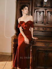 Mermaid Off The Shoulder Burgundy Satin Long formal dresses Bridesmaid Dresses evening gown Prom Dress