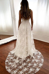 V-Neck Open Back Long White Bridal Dress with Slit