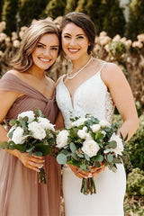 Open Back Mermaid Long White Chiffon Bridal Dress with Lace