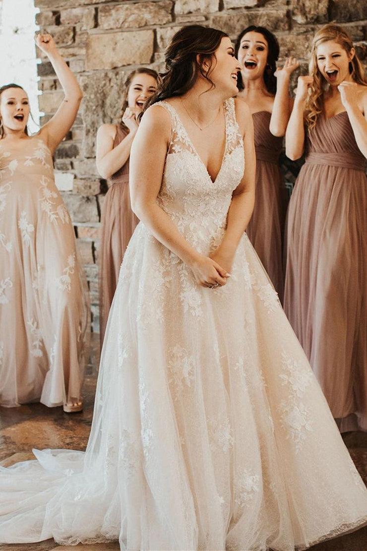 Deep V Neck Long Ivroy Wedding Dress with Lace