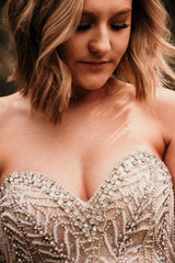 Elegant Strapless Champagne Wedding Dress with Beads