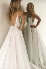 Deep V-Neck Open Back Long White Wedding Dress with Lace