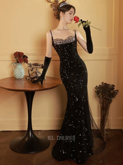 Sheath Spaghetti Straps Black Sequin Long formal dresses Bridesmaid Dresses evening gown Prom Dress