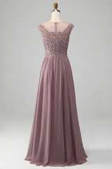 A-line Beaded Chiffon Round Neck Maxi Mother of the Bride Dress