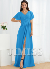A-line V-neck floor-length chiffon bridesmaid dress