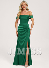Ruffled A-Line Off-The-Shoulder Floor-Length Matte Satin Bridesmaids Dress
