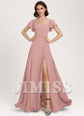 Ruffled A-Line Square Floor-Length Chiffon Bridesmaids Dress