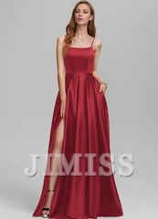 A-Line Square Floor Length Satin Bridesmaids Dress