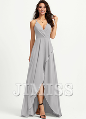 A-line V-neck asymmetric chiffon bridesmaid dress