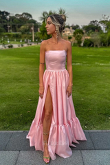 A line Strapless Ruched Pink Long formal dresses Bridesmaid Dresses evening gown Prom Dress with Slit