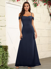 Split off shoulder thin shoulder strap chiffon and floor length bridesmaid dress