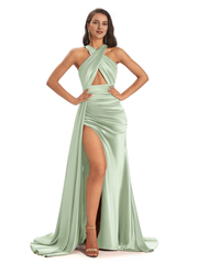 Sexy and soft satin hanging neck side slit and floor length fish tail bridesmaid dress
