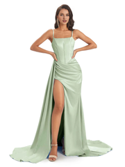 Sexy and soft satin side slit thin shoulder strap long mermaid unique bridesmaid dress