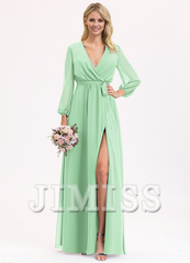 A-Line V-Neck Floor Length Chiffon Bow Pleated Bridesmaids Dress