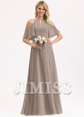A-line off-the-shoulder scoop neck floor-length chiffon bridesmaid dress
