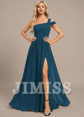 A-line off-the-shoulder one-shoulder floor-length chiffon pleated evening gown