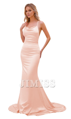 Satin high neck bridesmaid dress long women's slim shoulder strap fishtail dress formal dress
