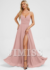 A-line V-neck pleated floor-length chiffon prom dress