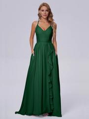 Elegant shoulder strap chiffon and floor length bridesmaid dress