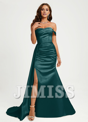 Trumpet/Mermaid Off-the-shoulder Floor-Sweeping Train Satin Prom Dress