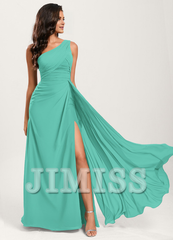 Ruffled A-line One Shoulder Floor Length Chiffon Bridesmaid Dress