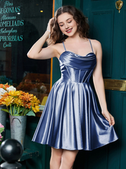 Thin shoulder strap tied with  satin mini Homecoming dress