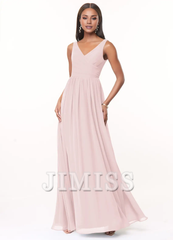A-line V-neck pleated chiffon and floor length bridesmaid dress - Jimiss Dress