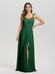 V-neck shoulder strap tied chiffon slit and floor length bridesmaid dress